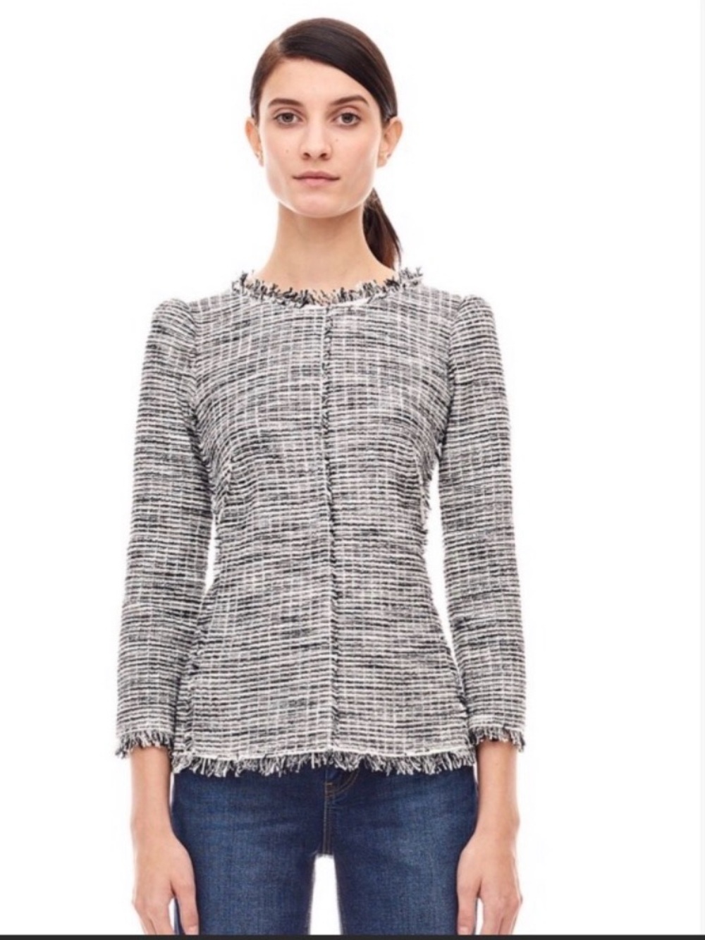 Rebecca Taylor Black & White Tweed Fringe Jacket Top